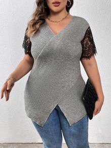 SHEIN LUNE Plus Contrast Lace Wrap Hem Sweater Knit Pullover Fall Winter Sweater - Grey - View 4