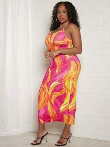 Slaydiva 大碼圖案印花吊帶緊身洋裝 - 彩色 - 查看 3