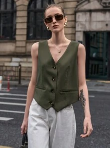 SHEIN Solid Button Front Waistcoat Without Tee - Army Green - View 5