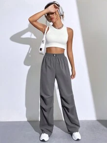 SHEIN Unity Quần ống đứng nhún bèo trơn - Màu xám đen - Xem 3