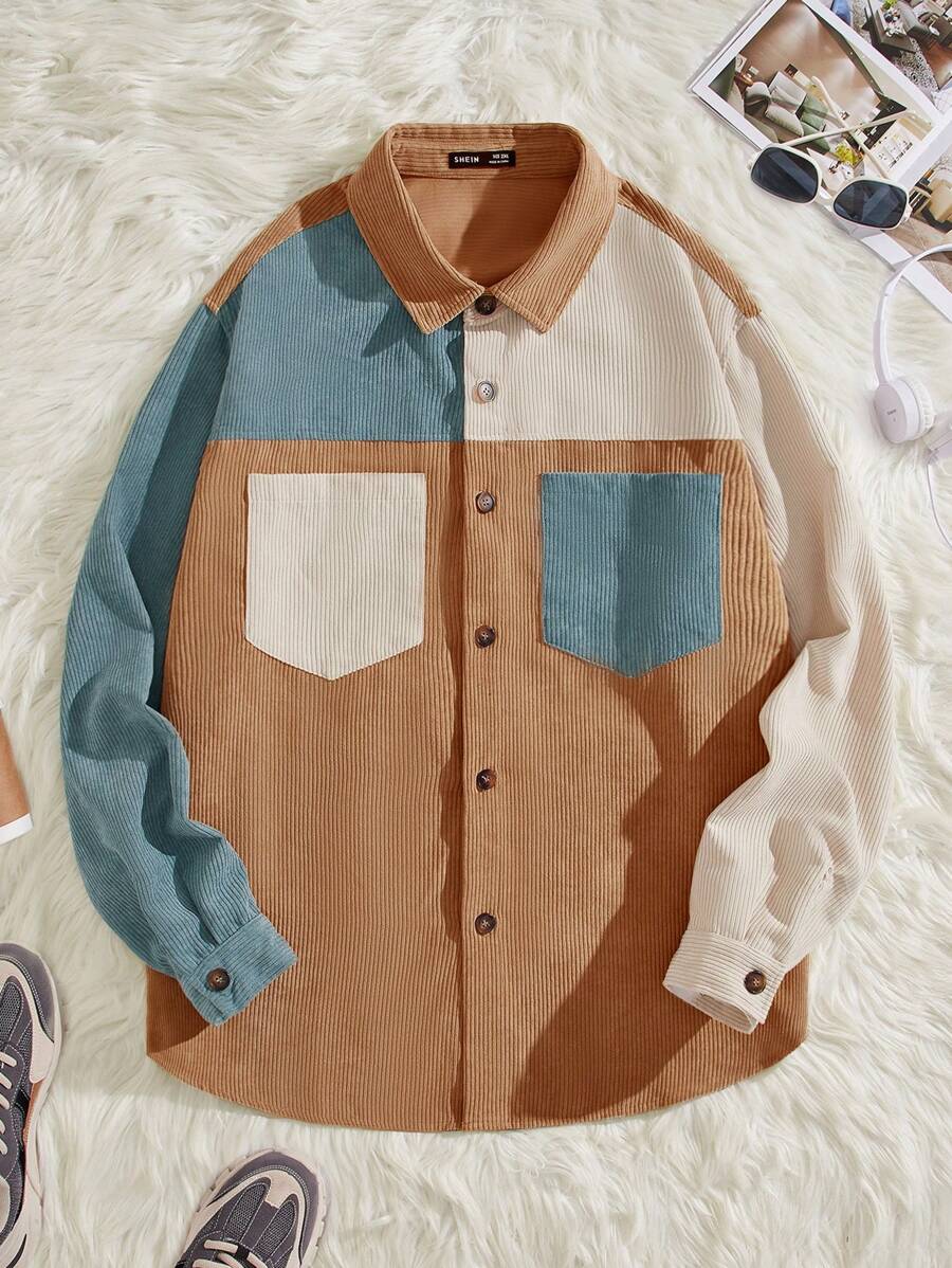 GENTILAND 1 chiếc áo khoác nhung kẻ caro túi đôi màu sắc cỡ lớn dành cho nam - Nhiều màu - Xem 1