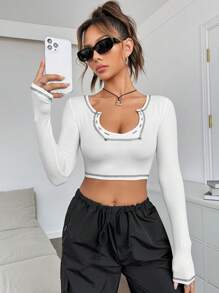 SHEIN EZwear 頂針缺口領短款T恤 - 白色 - 查看 6