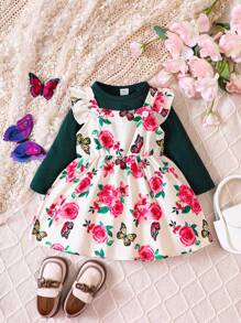 Bebé niña Camiseta unicolor & con estampado floral ribete con fruncido Vestido overol - Multicolor - Ver 1