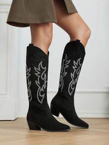 Women's High-Cut Rhinestone Western Boots High Heels, Cowboy Boots For Women - Black - View 3