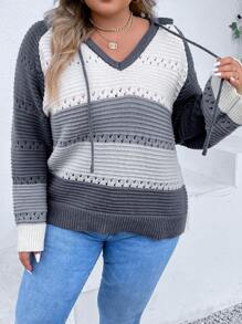 SHEIN LUNE Plus Colorblock Drop Shoulder Drawstring Hooded Sweater