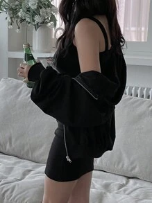 DAZY 纯色吊带紧身连衣裙（不带夹克）、迷你连衣裙、秋装 - 黑色 - 查看 4