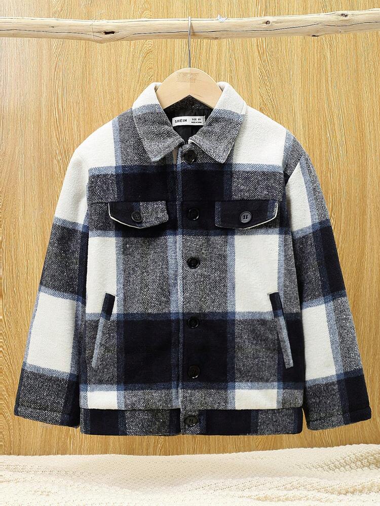 Tween Boy Plaid Print Flap Detail Padded Coat Without Sweater