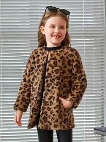 SHEIN Young Girl Leopard Print Teddy Coat With Scarf - Multicolor - View 4
