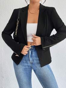 SHEIN Privé Lapel Neck Zip Detail Blazer - Black - View 3