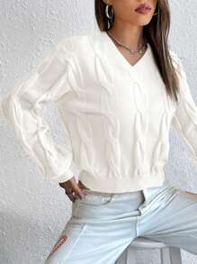 SHEIN Essnce 麻花編織燈籠袖套頭毛衣 - 白色 - 查看 5