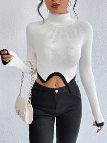 SHEIN Essnce Áo cao cổ Tay Raglan Viền không đối xứng Áo len Crop - trắng - Xem 3