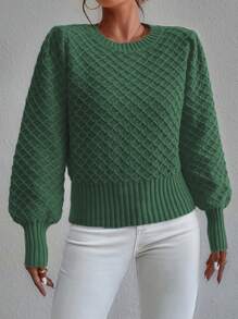 SHEIN LUNE Pull en tricot à manches lanternes en argyle, pull-over d'automne-hiver - Vert sapin - Voir 5