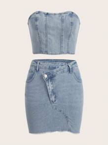 SHEIN EZwear Raw Trim Denim Tube Top & Bodycon Skirt - Light Wash - View 1