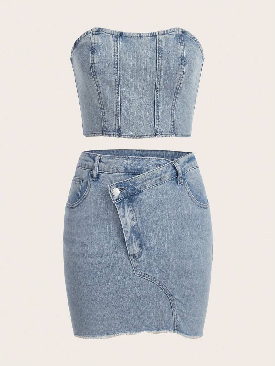 SHEIN EZwear Raw Trim Denim Tube Top & Bodycon Skirt - Light Wash - View 1