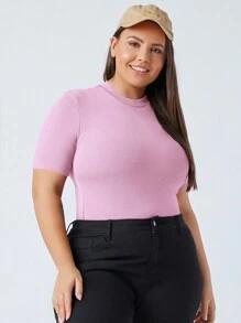 SHEIN BASICS Plus Round Neck Solid Tee - Lilac Purple - View 4