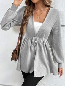 SHEIN Frenchy Solid Drawstring Waist Cardigan - Grey - View 5