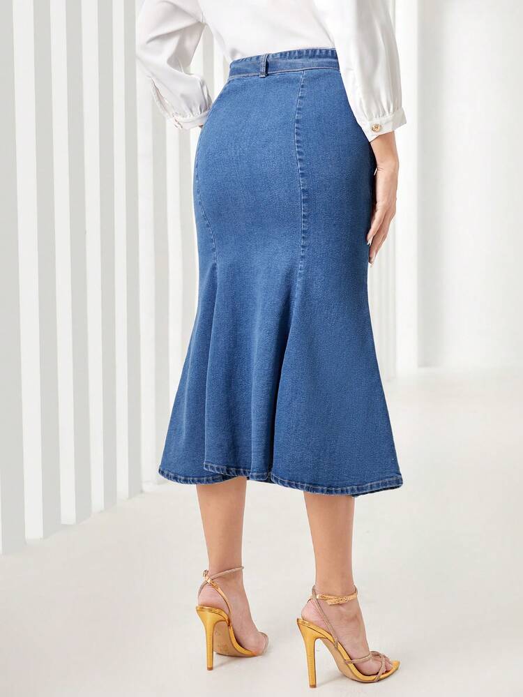 Double Breasted Mermaid Hem Belted Denim Skirt