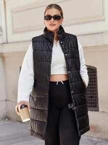 RueChic Plus Zip Up Puffer Vest Coat - Black - View 1