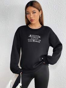 SHEIN Unity 标语图案落肩套头卫衣，秋季卫衣 - 黑色 - 查看 4
