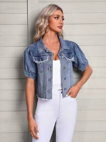 SHEIN LUNE Chi tiết về Flap Cắt Thô Áo khoác denim - Rửa nhẹ - Xem 4