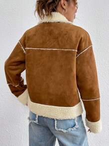 SHEIN EZwear Teddy Lined Drop Shoulder Flap Detail Coat - Brown - View 2