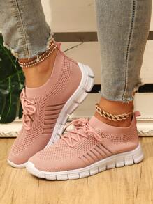 Women's Fashionable Breathable Knitted Lace-Up Sports Shoes For All Seasons, Suitable For Running And Casual Wear - Hồng - Xem 2