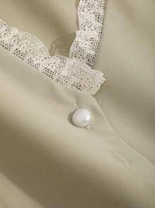 DAZY Guipure Lace Trim Puff Sleeve Blouse - Olive Green - View 7