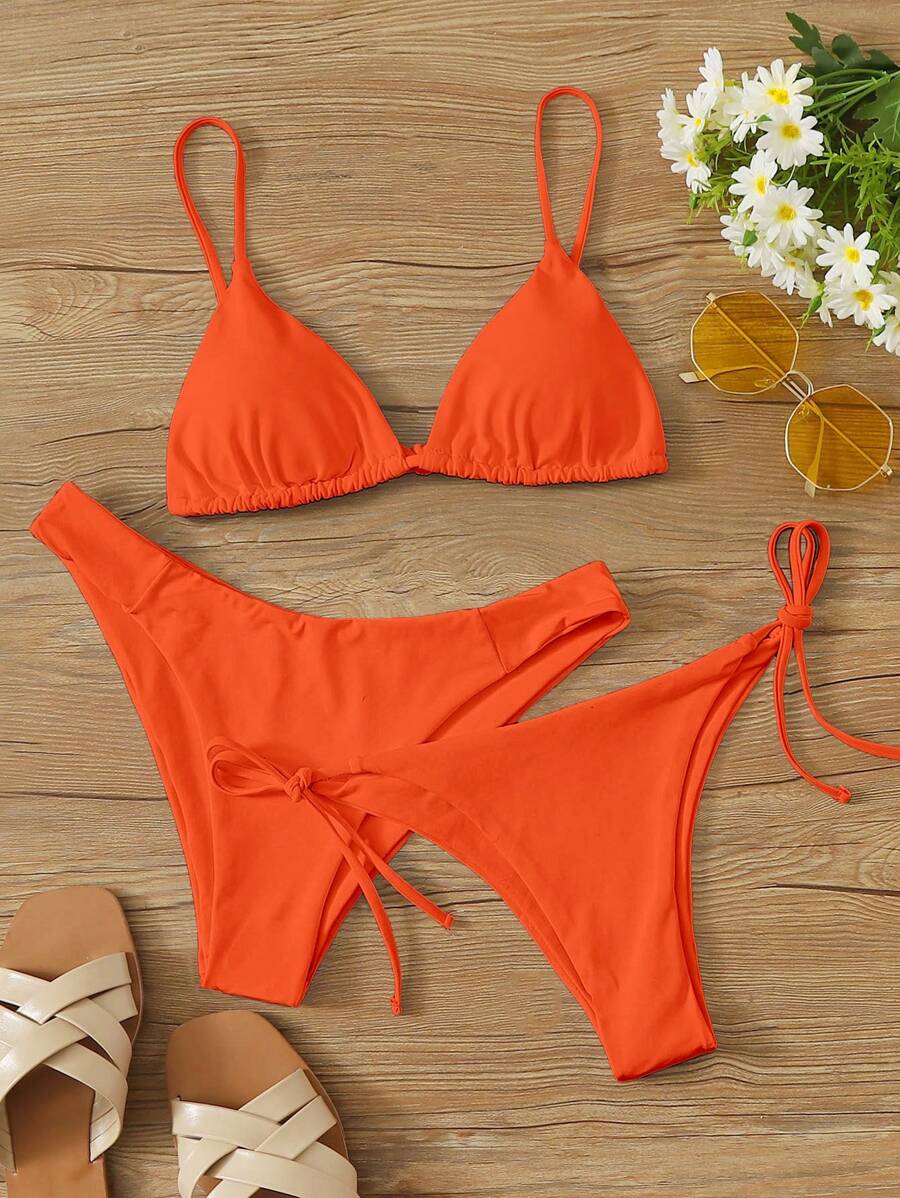SHEIN Swim Summer Beach Triangle Tie Side Bikini Set, Bathing Suit - Orange - View 1