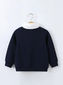 男小童小熊刺繡拼接領二合一運動衫 - 寶藍色 - 查看 2