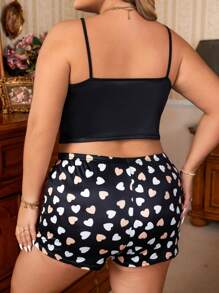 加大爱心印花吊带背心和短裤睡衣套装 / 睡衣套装 - 黑色 - 查看 2