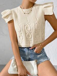 SHEIN Privé Top ribete con fruncido tejido de cable - Albaricoque - Ver 3