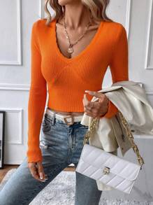 SHEIN Essnce Chất rắn Đồ đan Ribbed Áo len Crop - trái cam - Xem 1