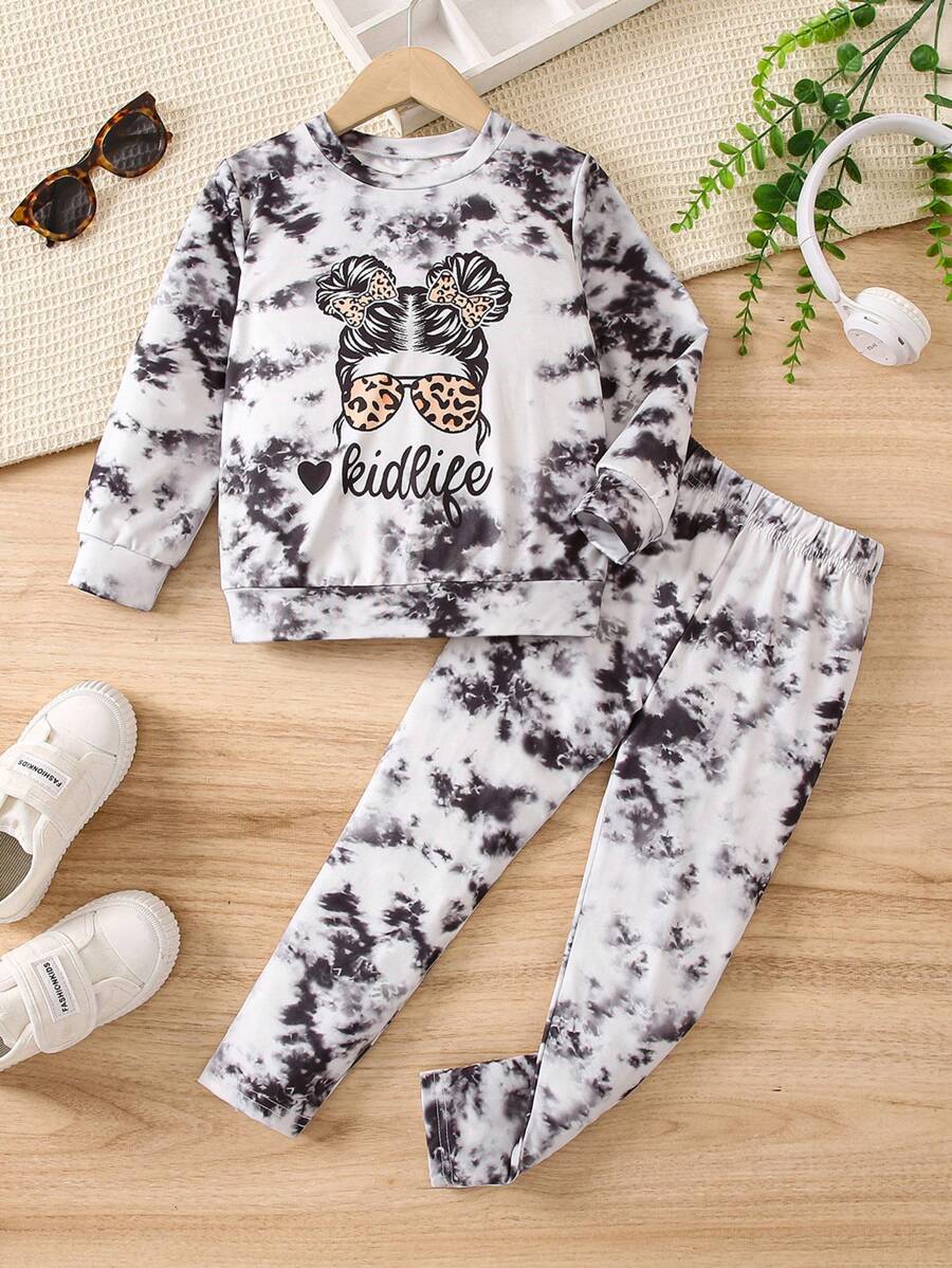 SHEIN Jeune Fille Tie Dye Figure Sweat-shirt & Legging - Multicolore - Voir 1