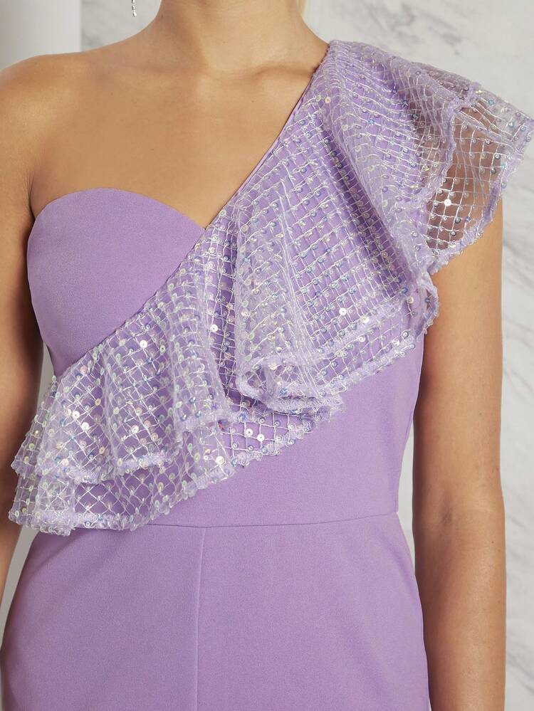 Elegant One Shoulder Sequin Ruffle Jumpsuit