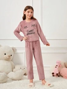 Tween Girl Cartoon & Letter Embroidery Flannel Top & Pants PJ Set - Rusty Rose - View 6