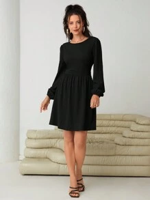 SHEIN Essnce Chất rắn Tay áo lồng đèn Váy chữ A - màu đen - Xem 3