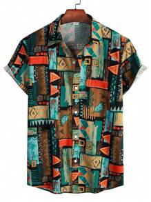 Men Geo Print Button Up Shirt - Black - View 1