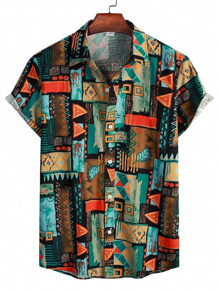 Men Geo Print Button Up Shirt - Black - View 1