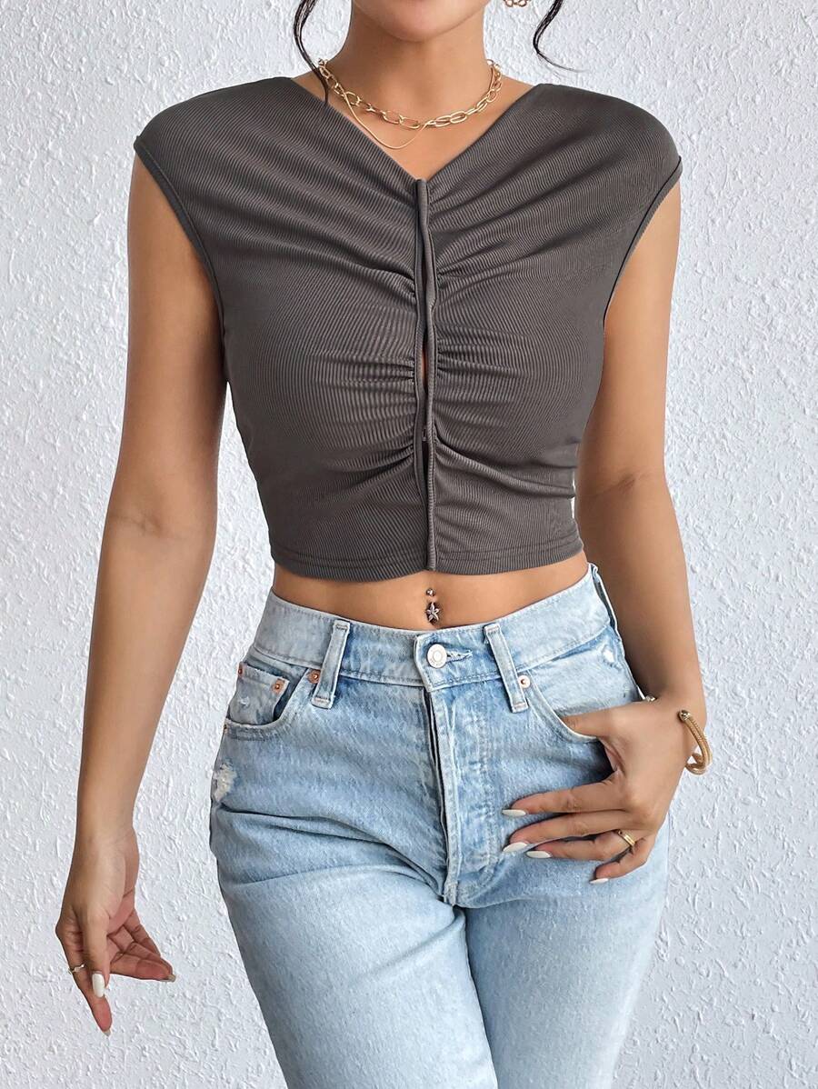 SHEIN Unity Ruched Front Crop Tank Top - Dark Grey - View 1
