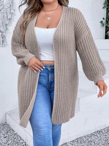 SHEIN CURVE+ 大碼落肩袖開襟開衫 - 卡其色 - 查看 4