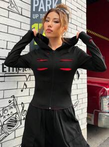SHEIN EZwear 拉鏈開襟連帽夾克 - 黑色 - 查看 1