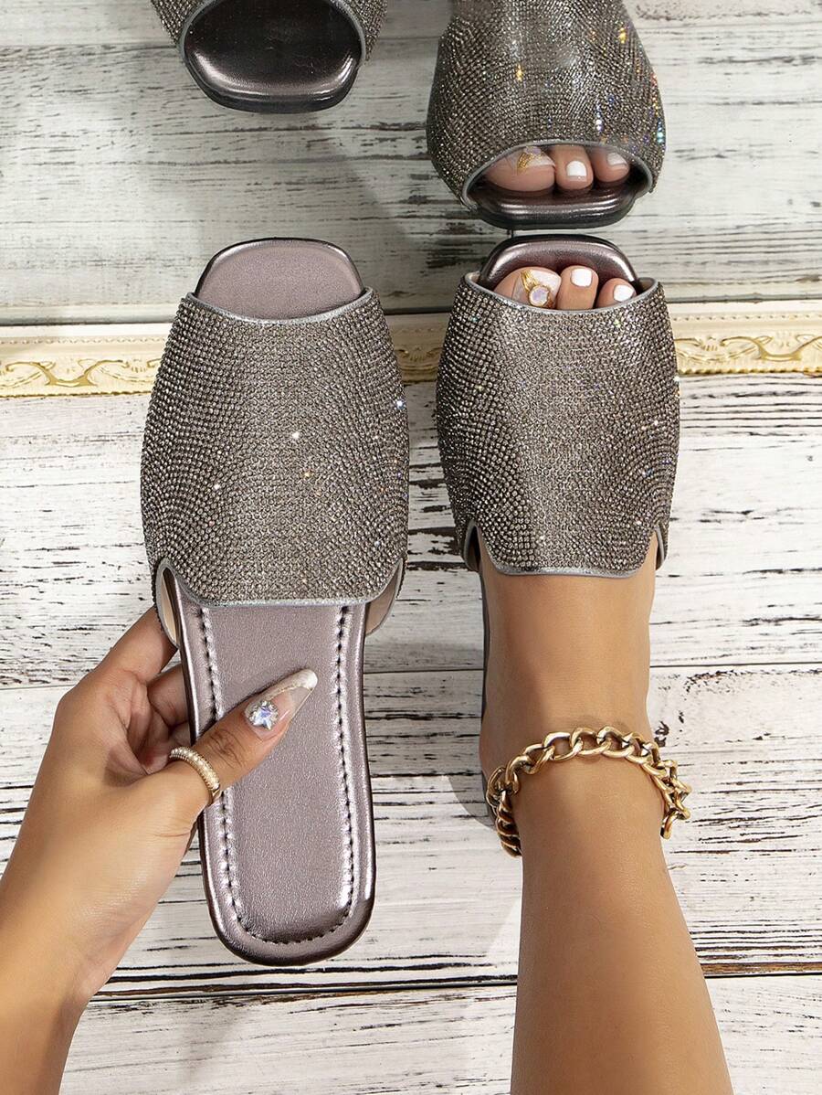 女士水钻装饰露趾平底户外鞋，春夏穿搭 - 灰色 - 查看 1