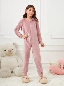 Cô gái Tween Chất rắn Dây kéo Thiết kế tai 3D áo có mũ Flannel Bộ đồ ngủ - Hồng - Xem 6