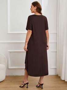 SHEIN Essnce Plus Solid Hidden Pocket Split Hem Dress - Coffee Brown - View 2