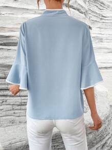 SHEIN Privé Tương phản ràng buộc Cà vạt Tay áo loe Áo sơ mi - Màu xanh lam - Xem 2