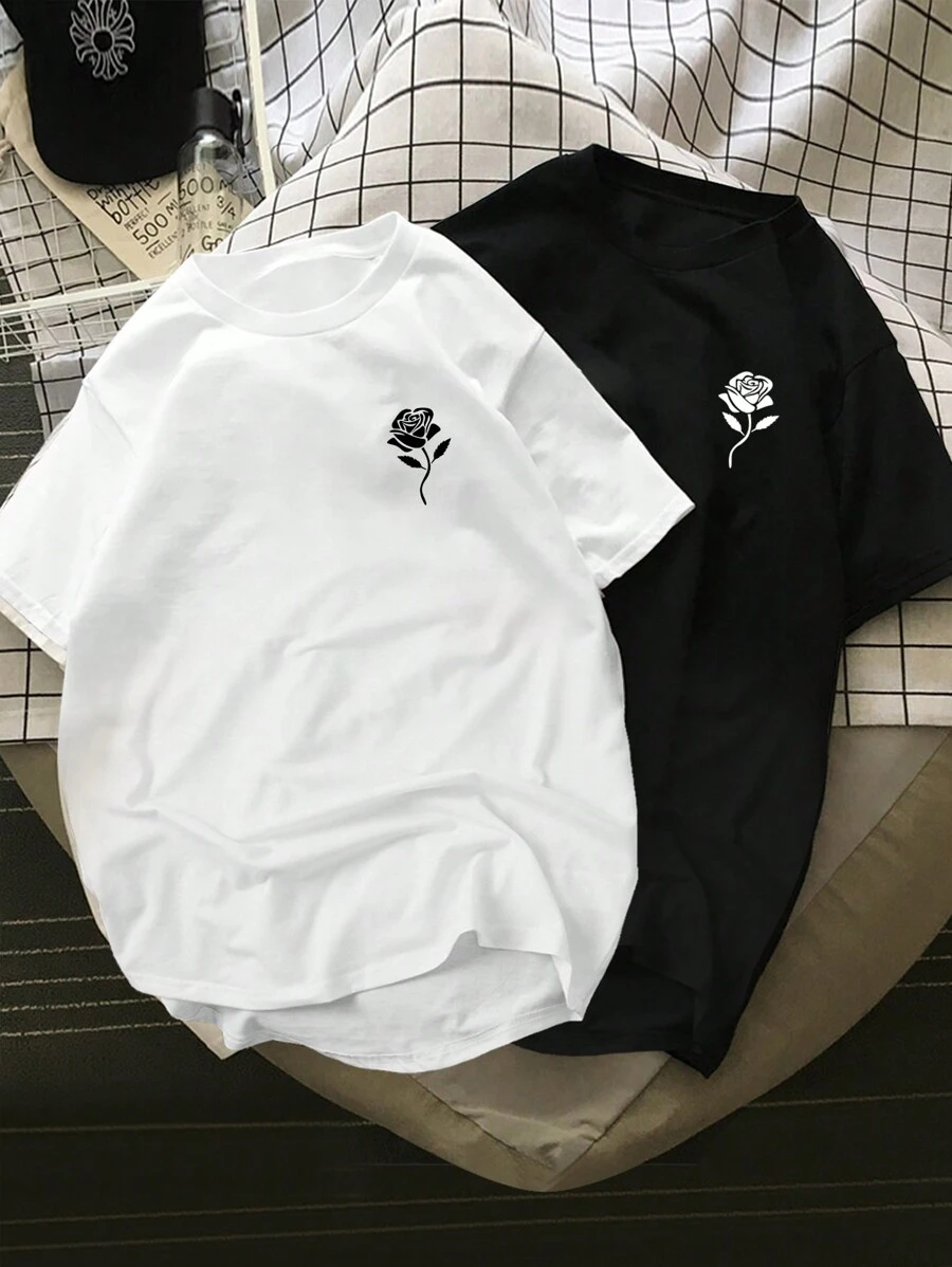 Claim Dot Men 2pcs Casual Floral Graphic Print Short Sleeve Tee, For Going Out - Black and White - View 1