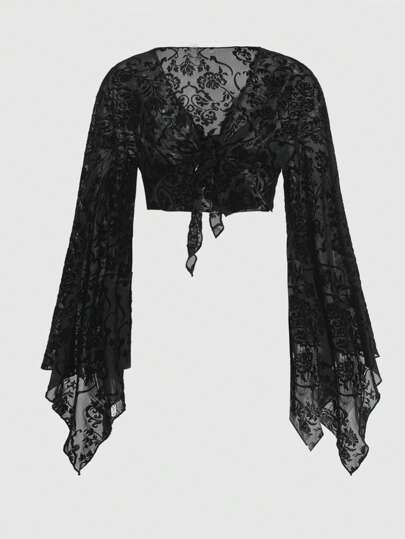 Fairycore Plus Floral Print Tie Front Trumpet Sleeve Crop Top, For Winter