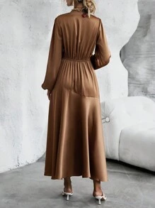SHEIN Clasi Robe maxi en satin à manches de lanterne unicolore, avec corsage froncé, tenue pour femmes - Marron - Voir 3