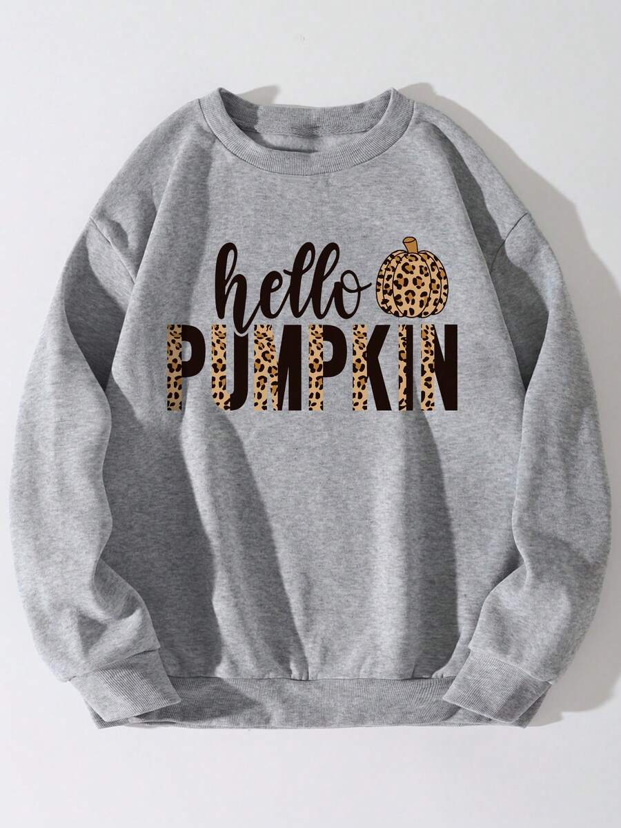 SHEIN EZwear Halloween Báo & Đồ họa Chữ cái Áo pull ấm áp - Màu Xám nhạt - Xem 1