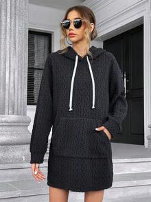 SHEIN Essnce Kangaroo Pocket Drop Shoulder Drawstring Hooded Sweatshirt Dress - Dark Grey - View 6